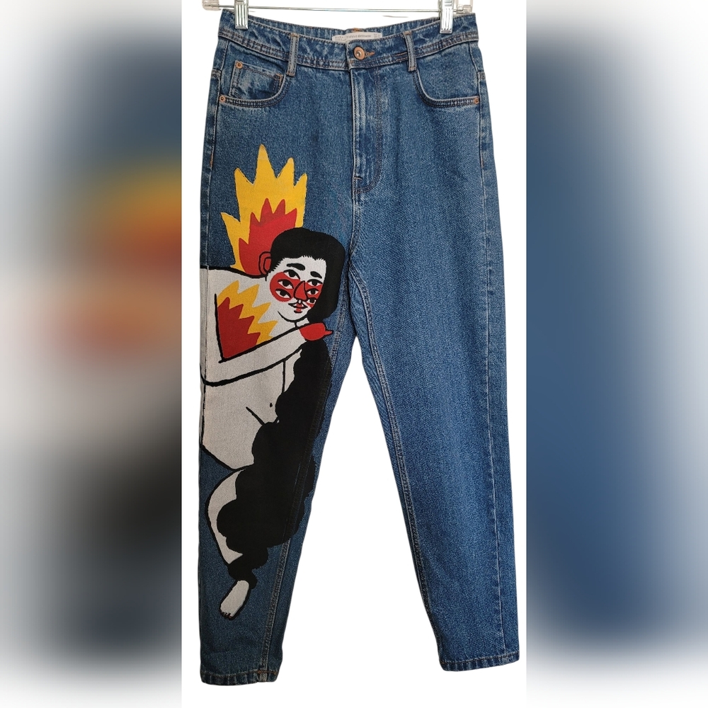 Zara X Ricardo Cavolo Oil On Denim TRF Hand Oil Painted Mom Jeans Rare